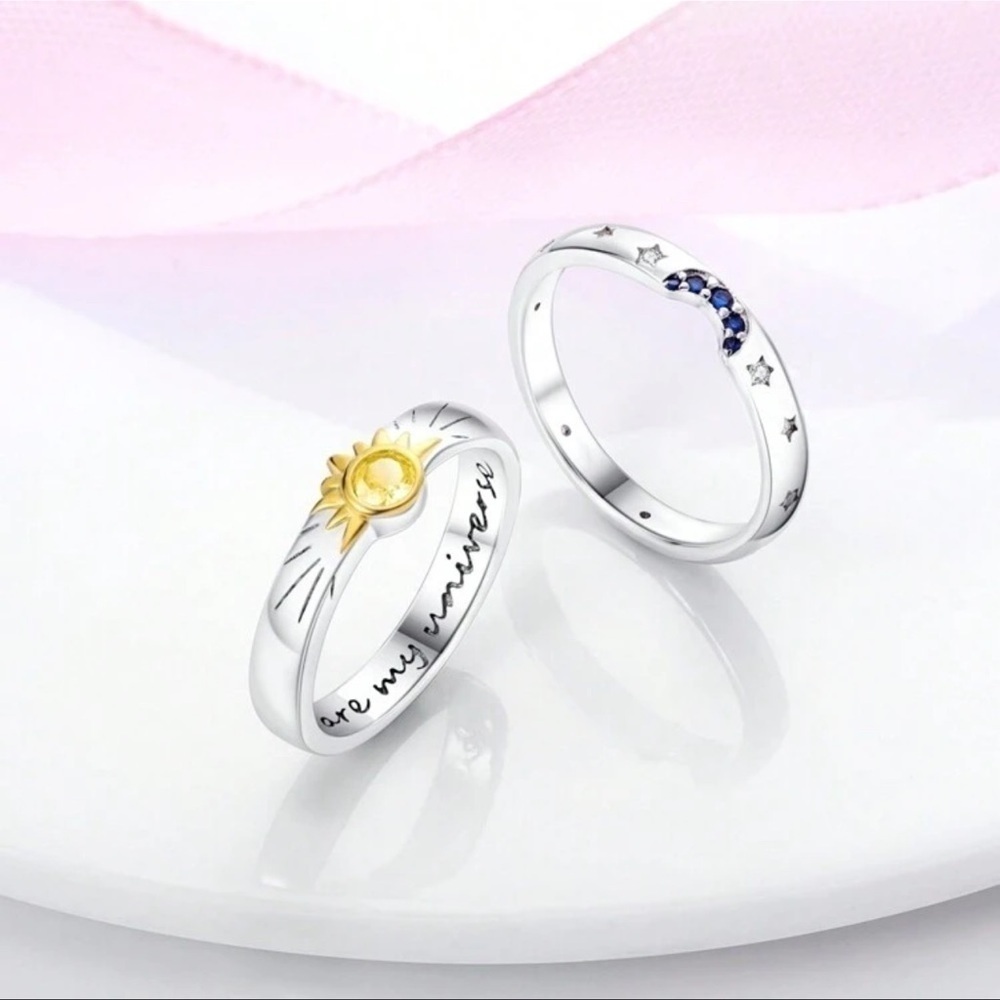 Sterling Silver Sun and CZ Moon 2pc Ring Set Size6 US - Picture 2 of 5